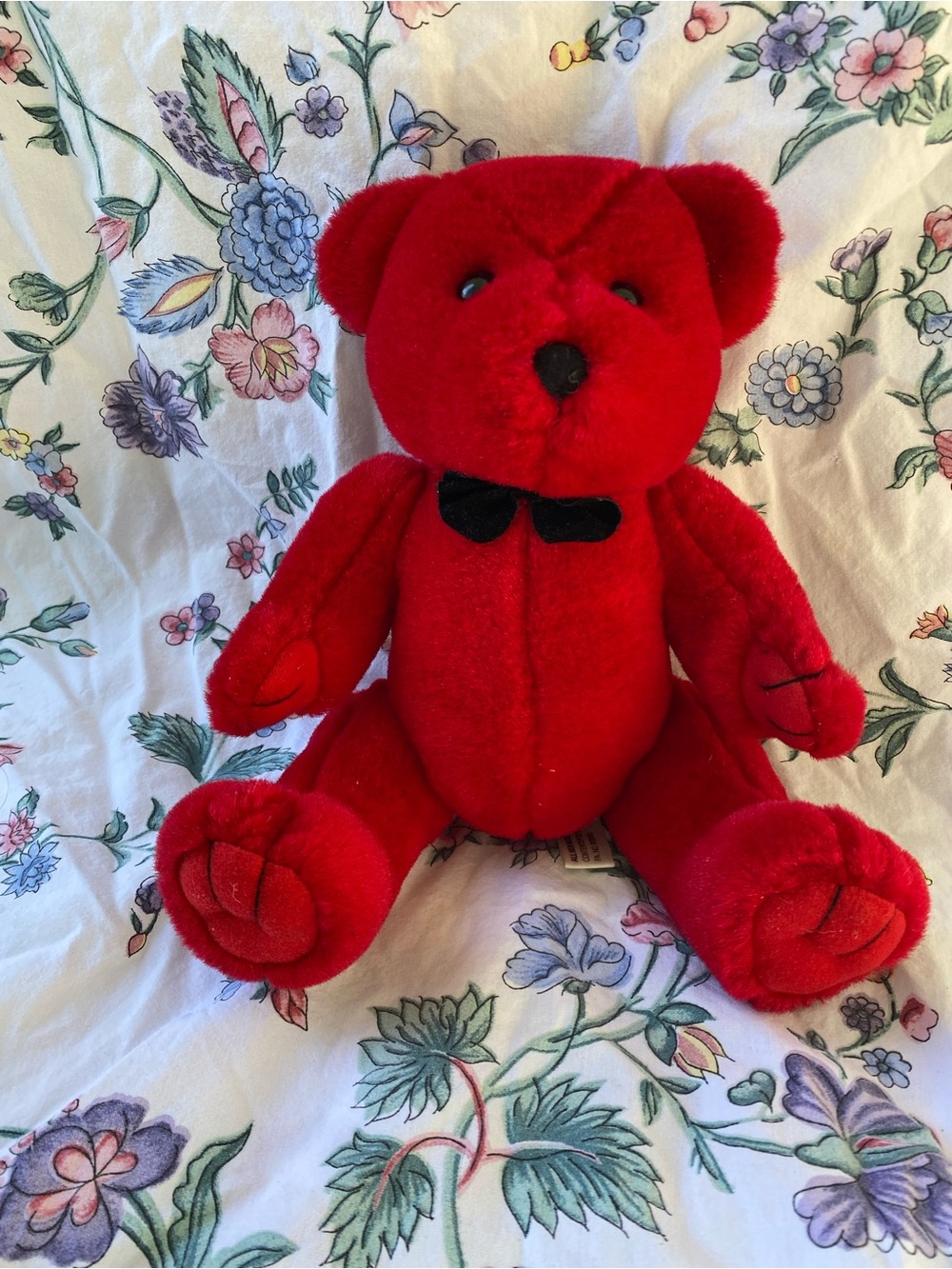 Vintage Red Velvet Teddy Bear with Black Bow